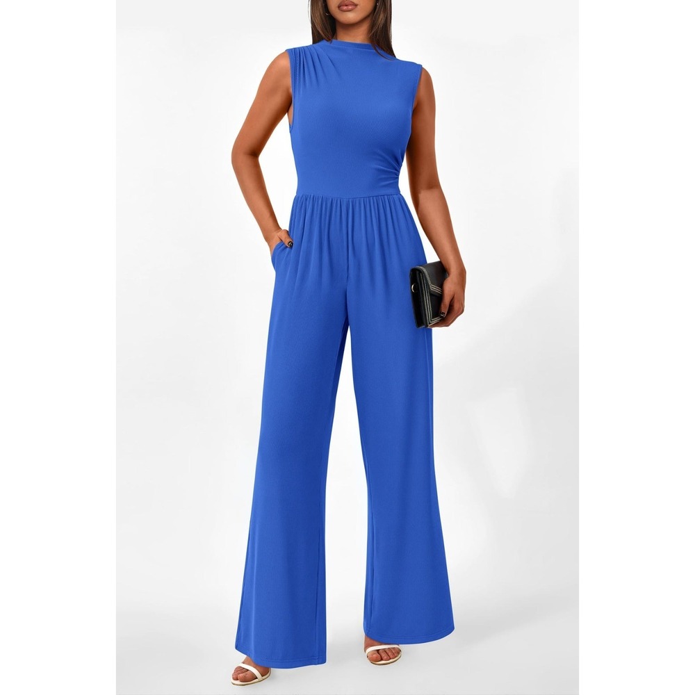 PrettyGarden Blue‎ Ribbed Wide Leg Jumpsuit Womens XXL Sleeveless Pockets NWT